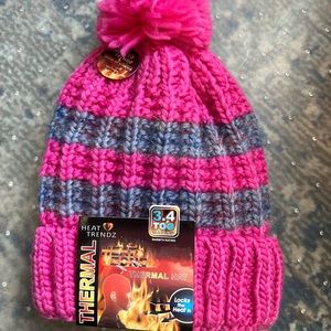 Pink & Grey Stripe Heat Thermal Winter Hat & Matching Gloves Set